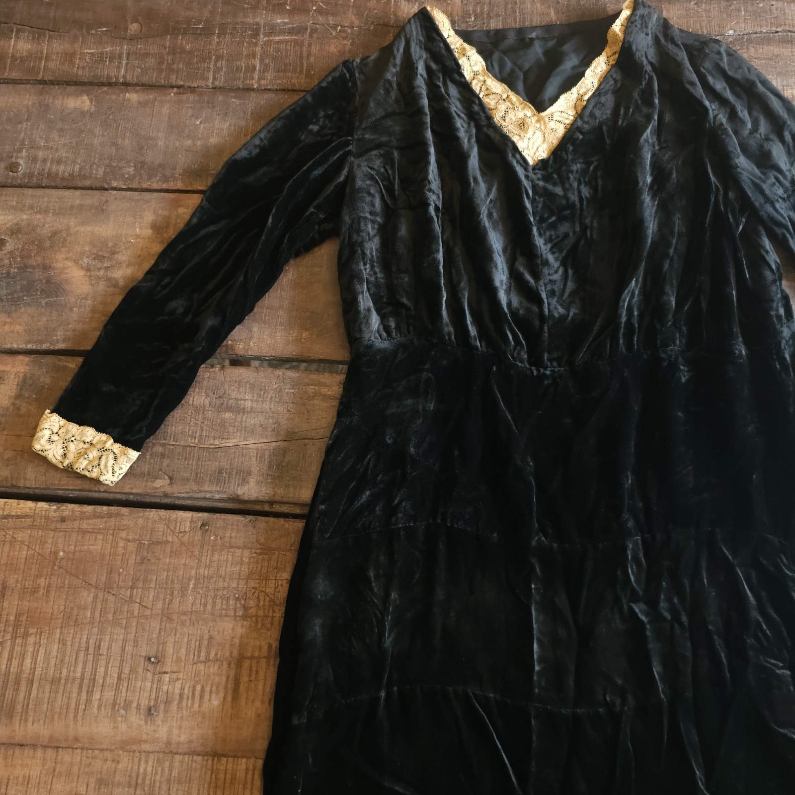 Antique Black Velvet Dress W/ Lace Detailing on Sleeves &Cuffs Long Sleeve Vneck