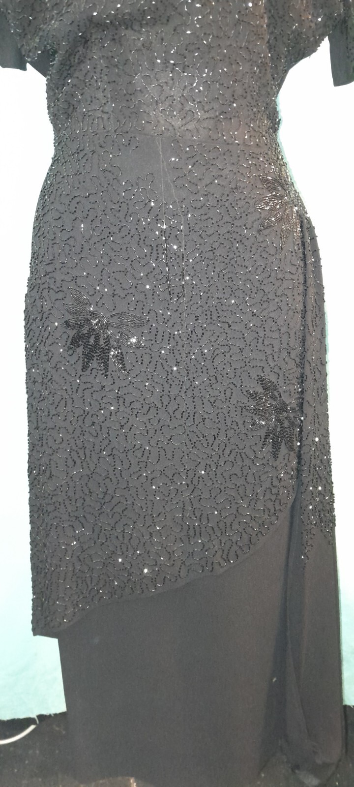 Vtg 1940s Rayon Crepe ENCRUSTED Beaded Black Evening Cocktail Long Sash Dress M