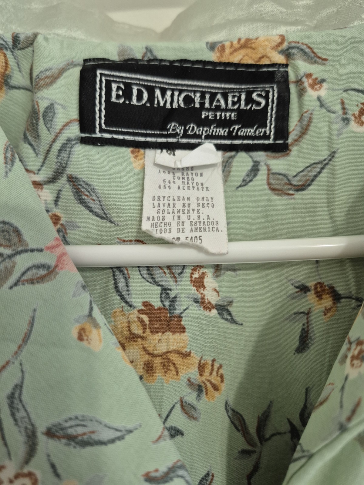 Vintage 80s Ed Michaels Rayon Tea Dress Mint Green Floral Cottagecore Midi M/L