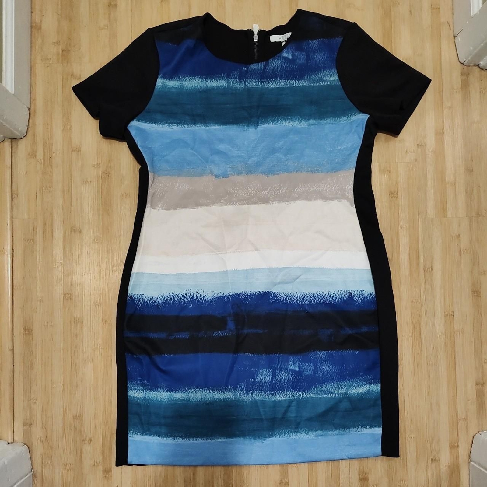 REED Multicolor Panel Black Back „Scuba” Fabric Dress Stretch Back Zipper XL NWT