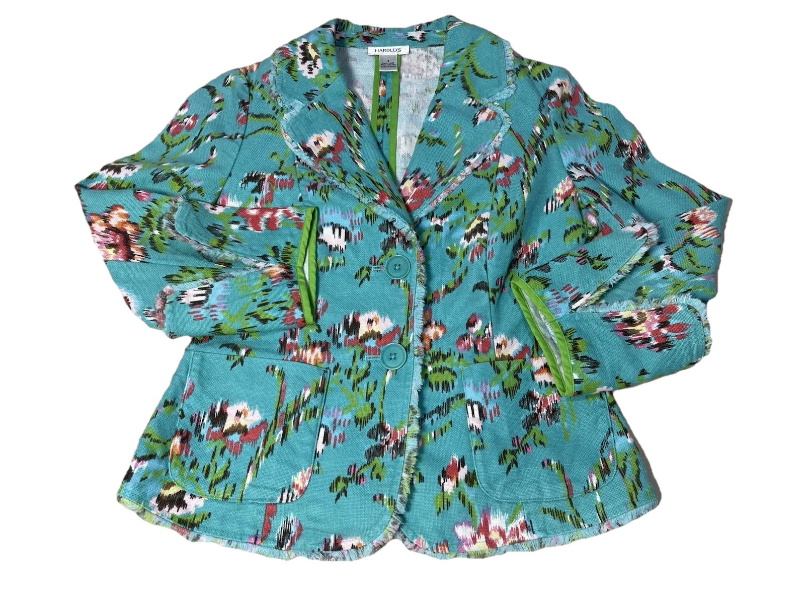 Harolds S~2 Jacket Green Floral BOHO Hippie Button Front Linen Blend Pink Flower