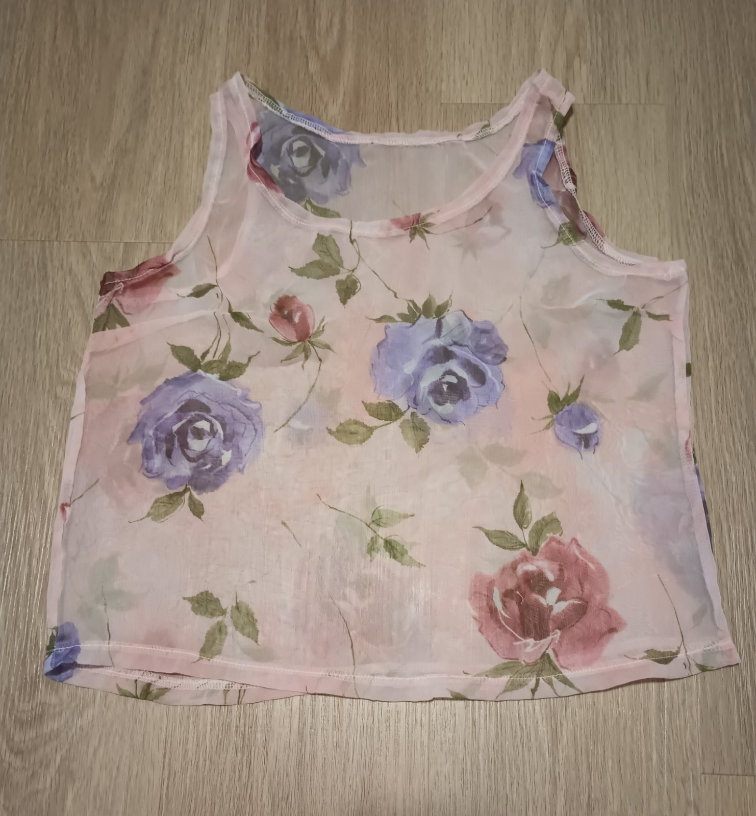 Vtg Sheer Rose Floral Layering Pink Tank Cropped Top summer beach grunge S