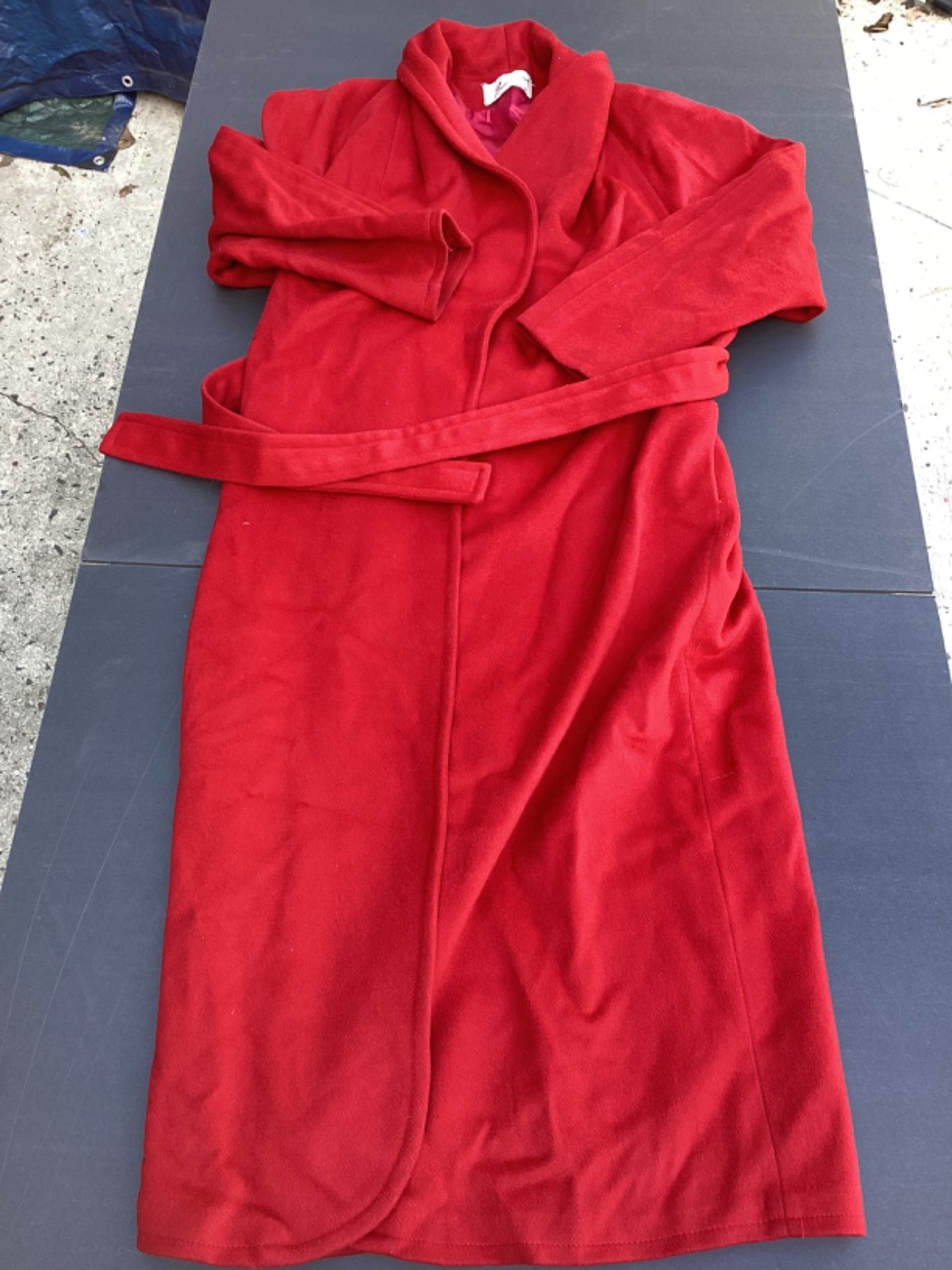 Beau Brem Overcoat Women 12 Red Vintage Shawl Collar Long Wool Blend With Flaws