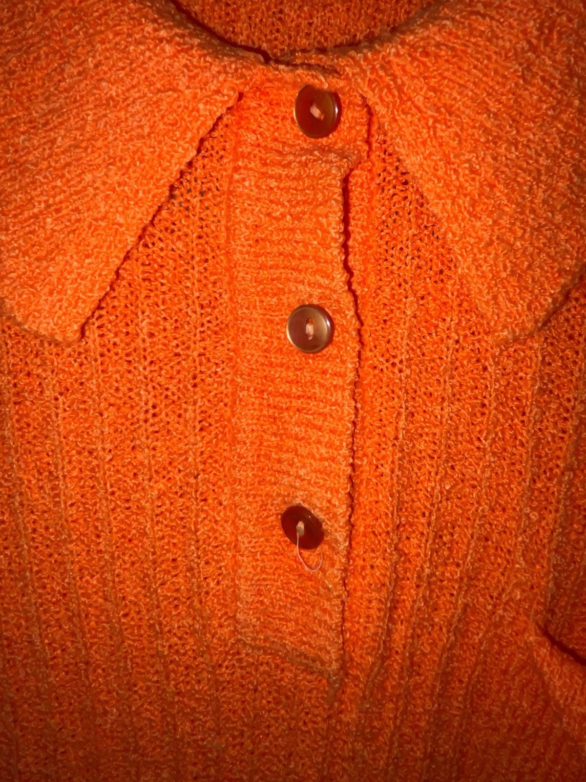 Vintage Handmade Orange Knit Collared Shirt Women’s Retro Short Sleeve Pocket