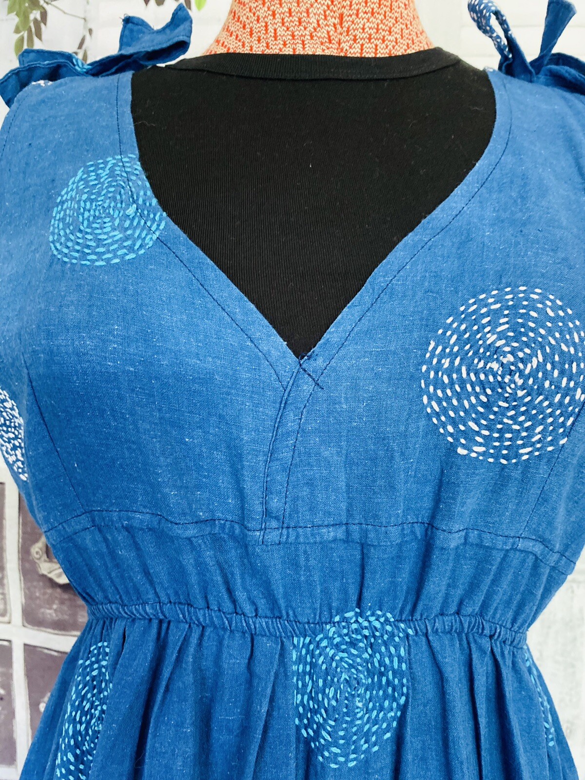 HANDMADE INDIGO KANTHA/SASHIKO EMBROIDERY GEOMETRIC MAXI DRESS SKILLED ARTISANS