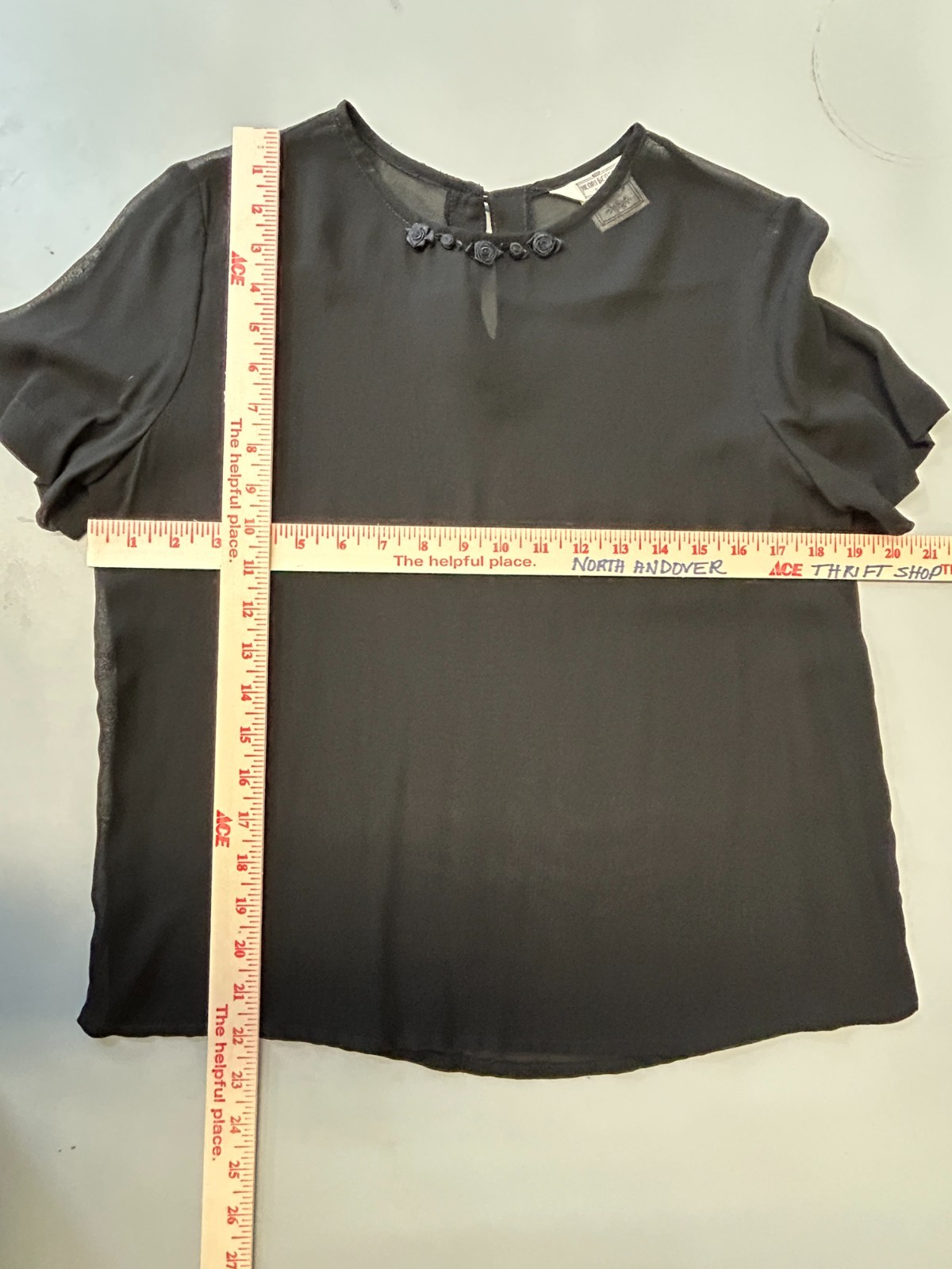Vintage Henri Bendel Carol LeValley Black Sheer Top Rose Neckline Size 5 (Small)