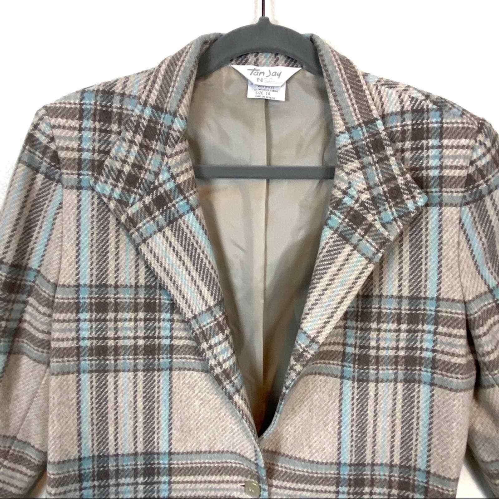 Plaid Preppy Blazer Women’s SZ 14 Taupe Brown Gray Blue Long Sleeve Vtg Tan Jay