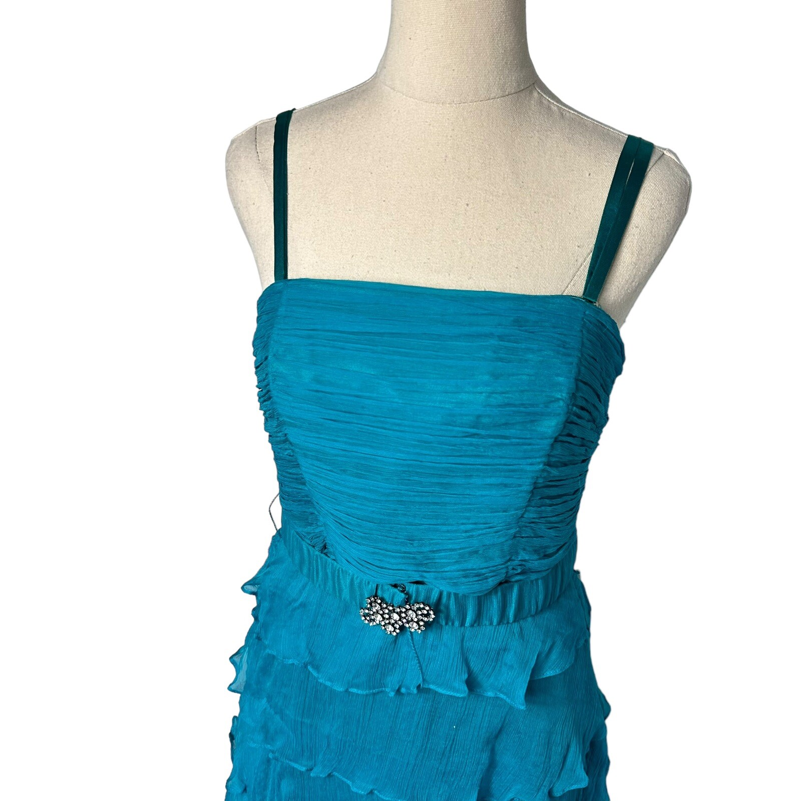 Vintage 90s Y2K Aqua Silk Tiered Formal Prom Dress Feather Trim Sz 10 McBling