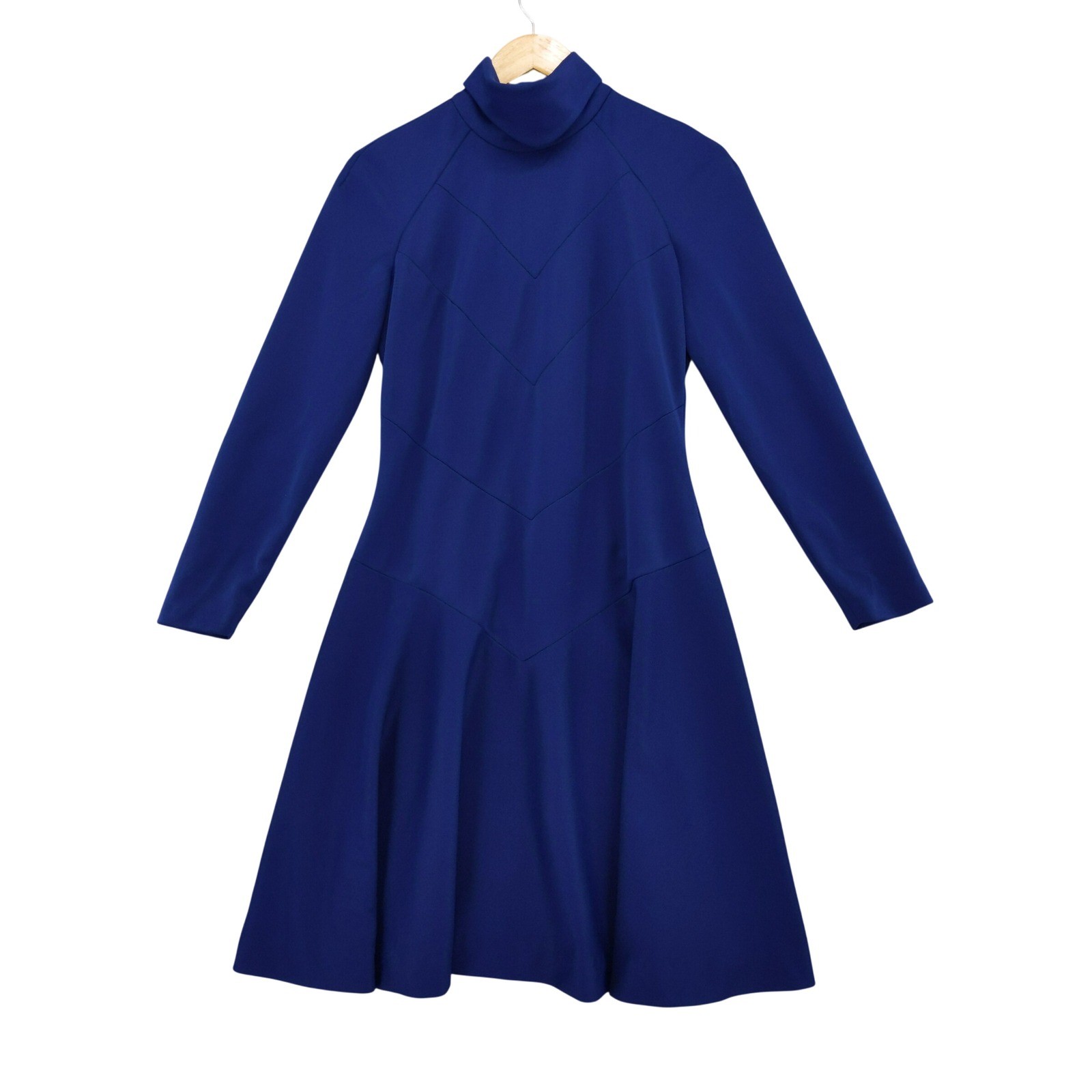 Vintage 60s Minx Mod Dress Sz S Blue Long Sleeve Mock Neck Chevron Fit Flare
