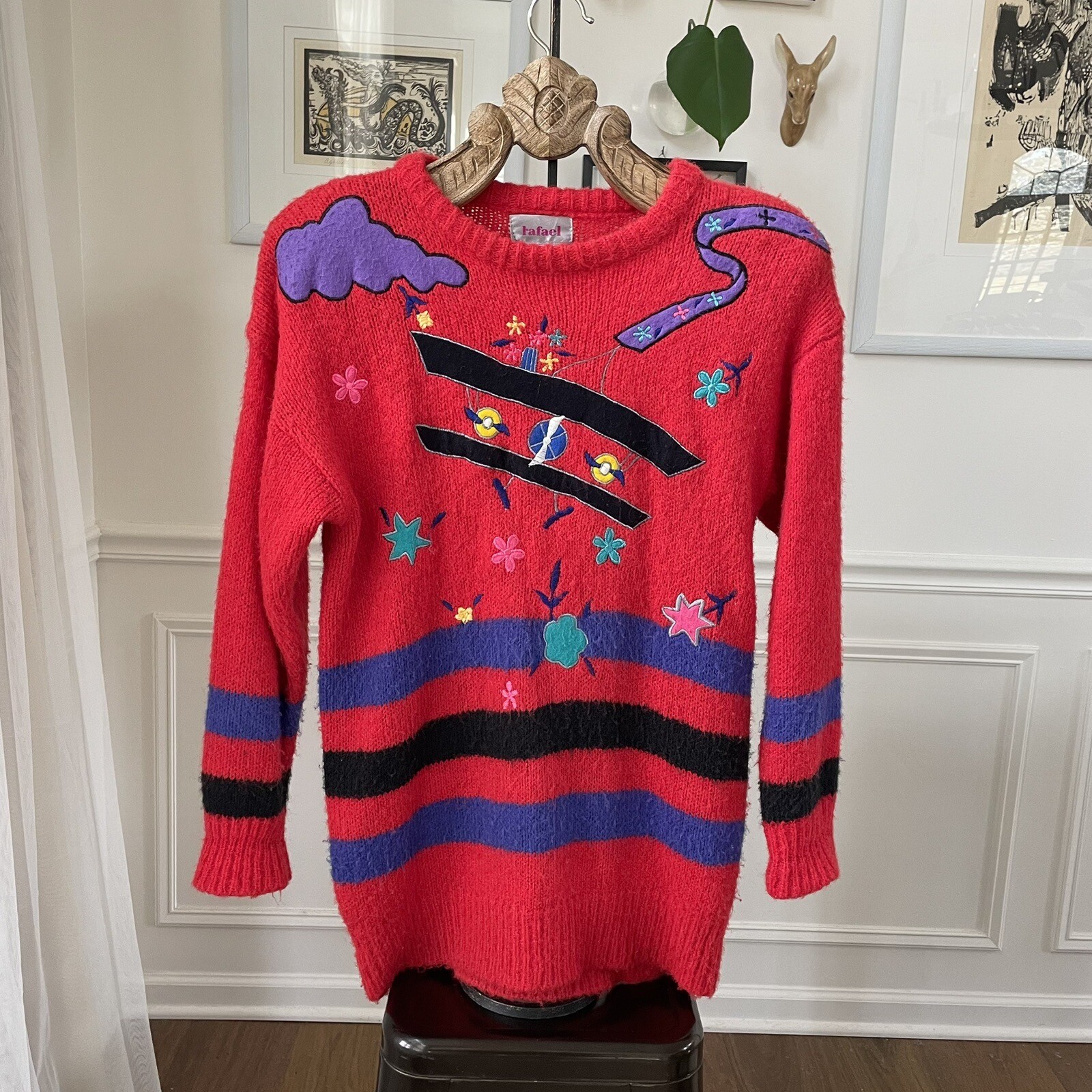 Vintage 80s 1980s Rafael Acrylic Mohair Biplane Airplane Novelty Sweater M