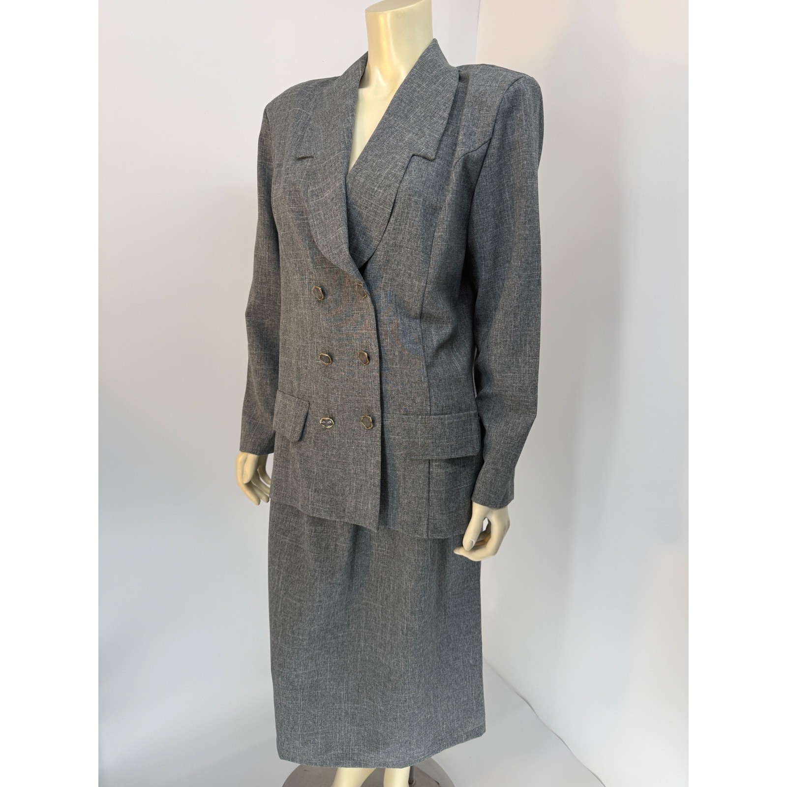 Vintage 80s Prelude Grey Skirt Suit Power Suit Size 16 Bold Shoulder Lightweight