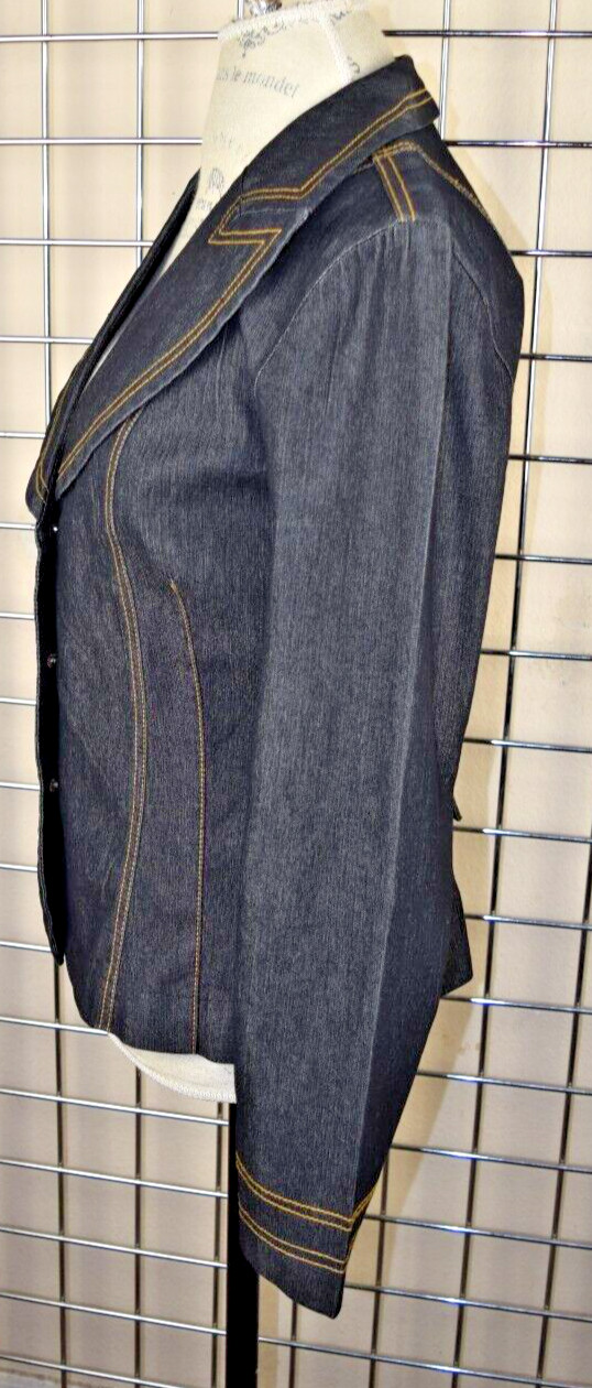Vintage Denim Blazer Jacket Bisou Bisou Size 8 90s Blue Gold Stitch Fitted