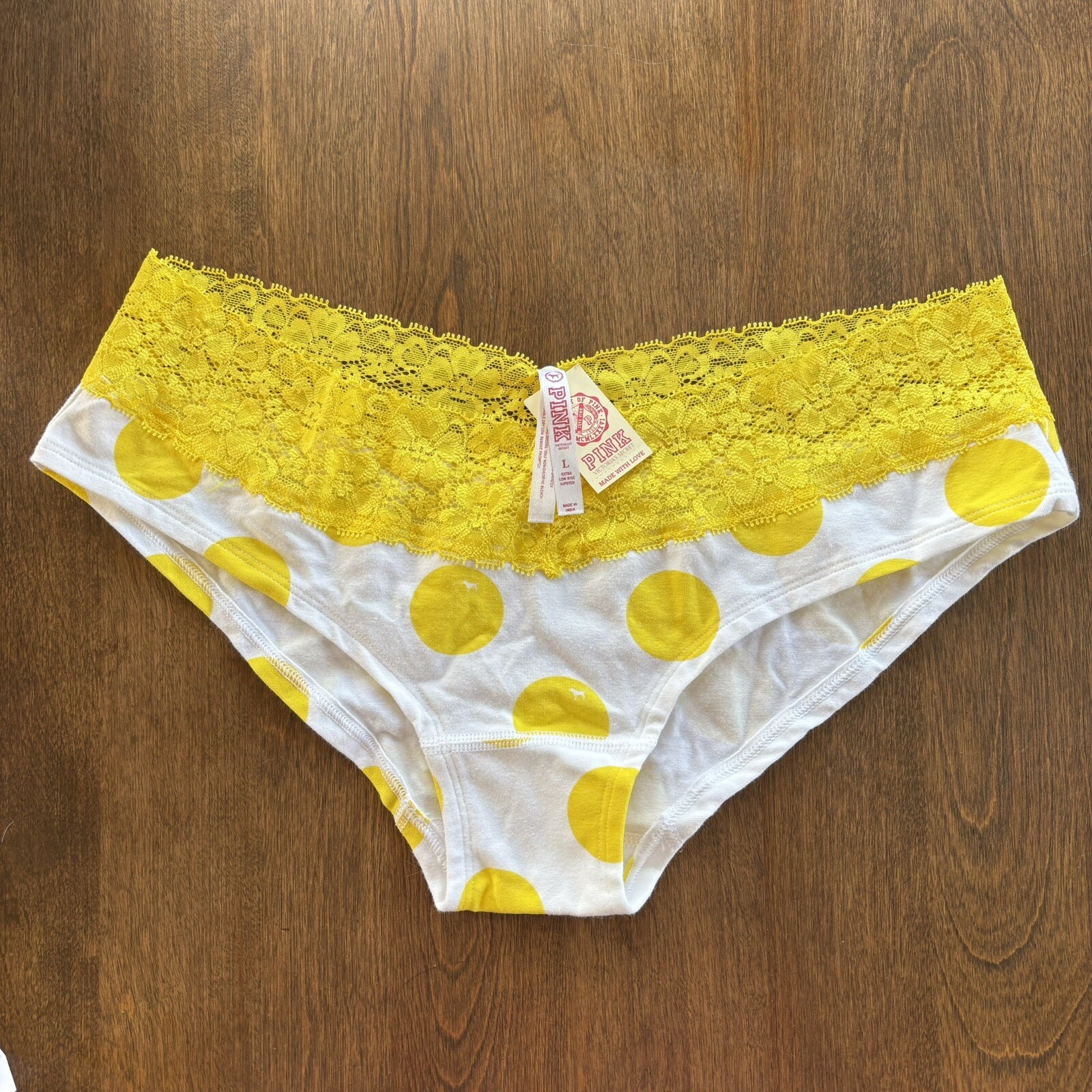 Victoria’s Secret Pink Vtg Extra Low Rise Hipster Large Yellow Dot Dog 2008 NWT