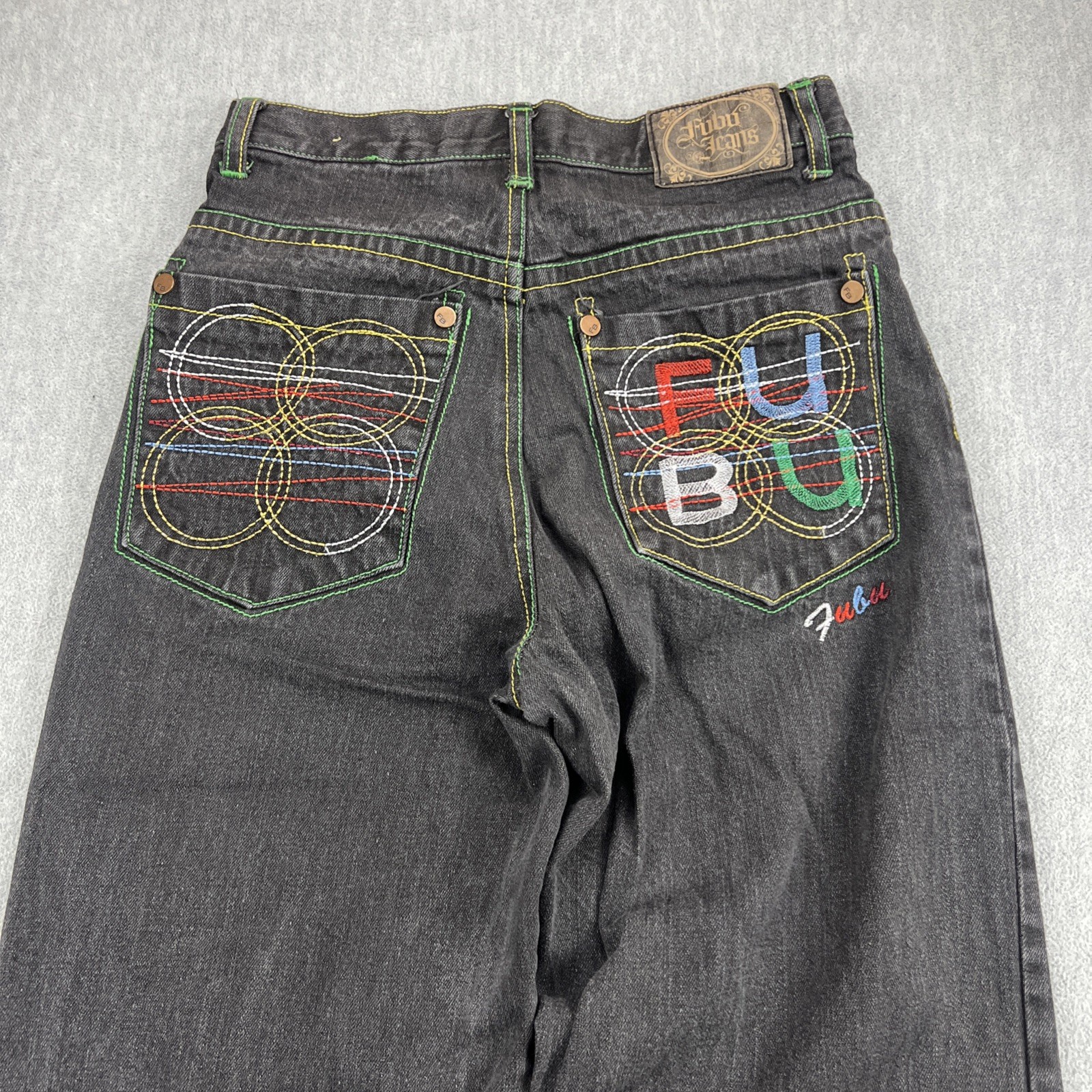 Vintage FUBU 90s Jeans Sz 16 (26×28) Distress Embroidered Pockets Baggy Skater