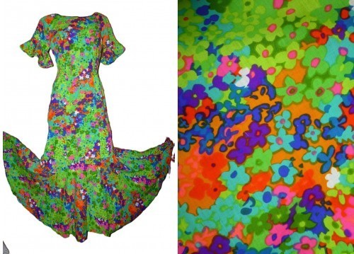 Vtg 60s 70s Hawaiian Neon Polynesian wedding Party Holoku Mermaid maxi DRESS XS