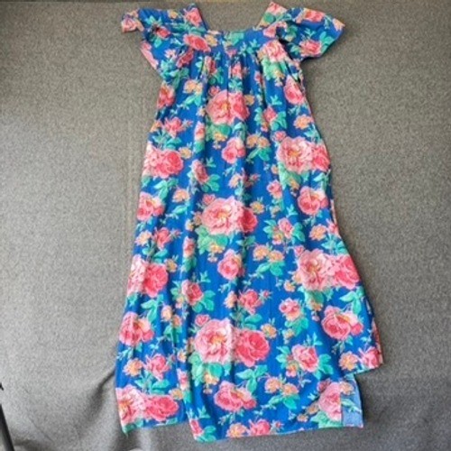Vintage Blue Pink Floral Rose Print Flutter Sleeve Muumuu Midi Dress Square Neck