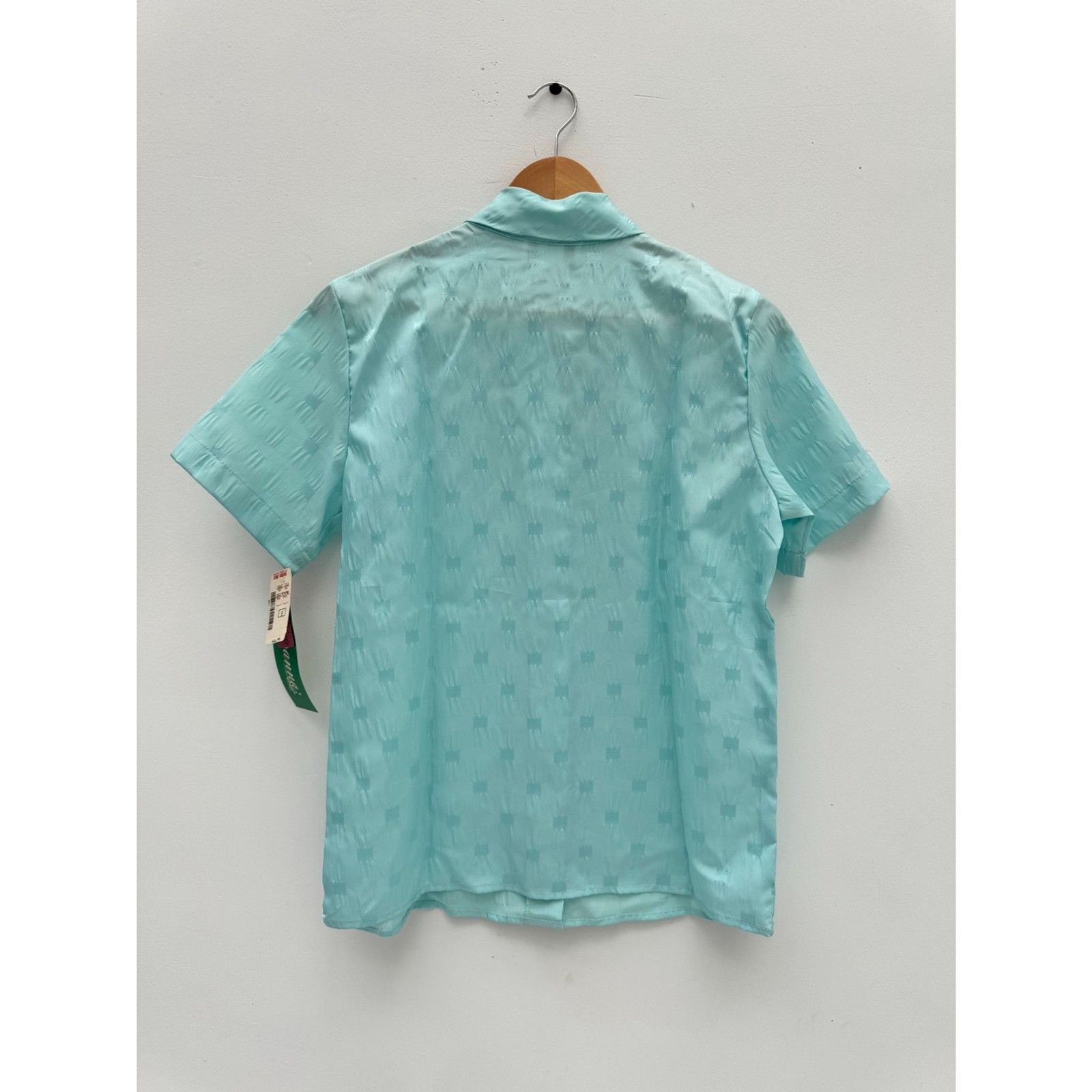Vintage Joanna Seafoam Blue Bow Tie Secretary Blouse Short Sleeve Size M NWT