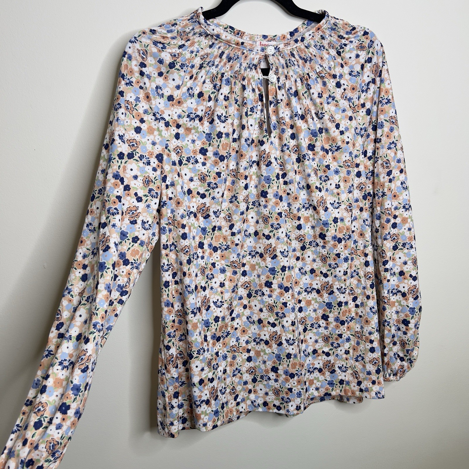 Vintage 70s Jane Colby Smocked Floral Long Sleeve Prairie Top Blouse Women Large