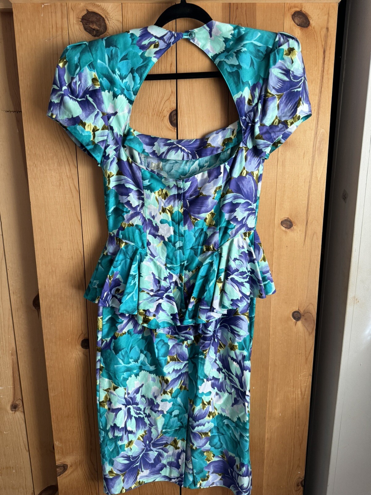 VTG 80s Barbara Barbara Floral Fitted Cotton Dress Bright Teal Bust 30 Waist 28
