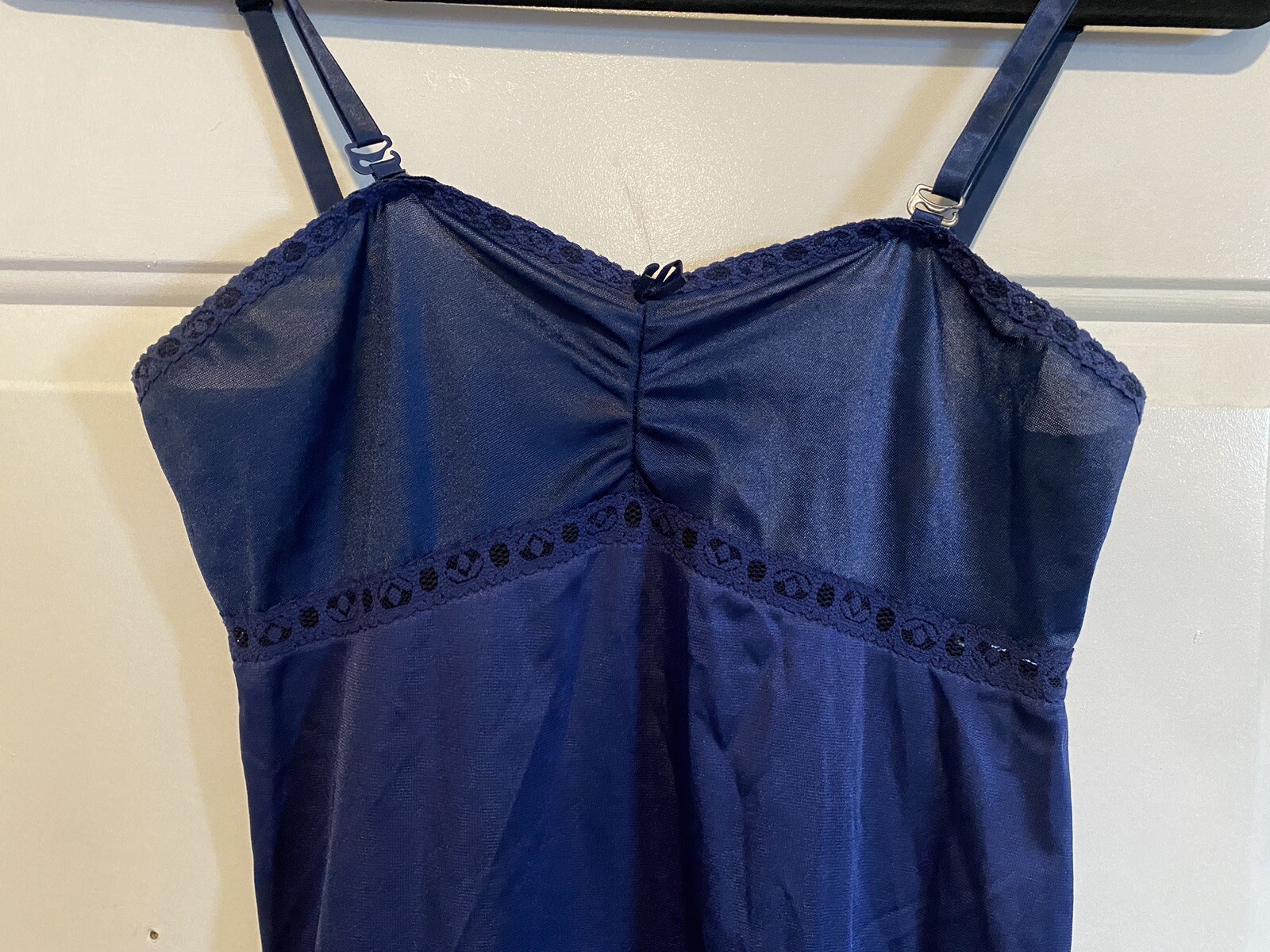 Vintage Vanity Fair Dark Blue Slip Dress Size 32L Lace Trim Nightwear Adjustable
