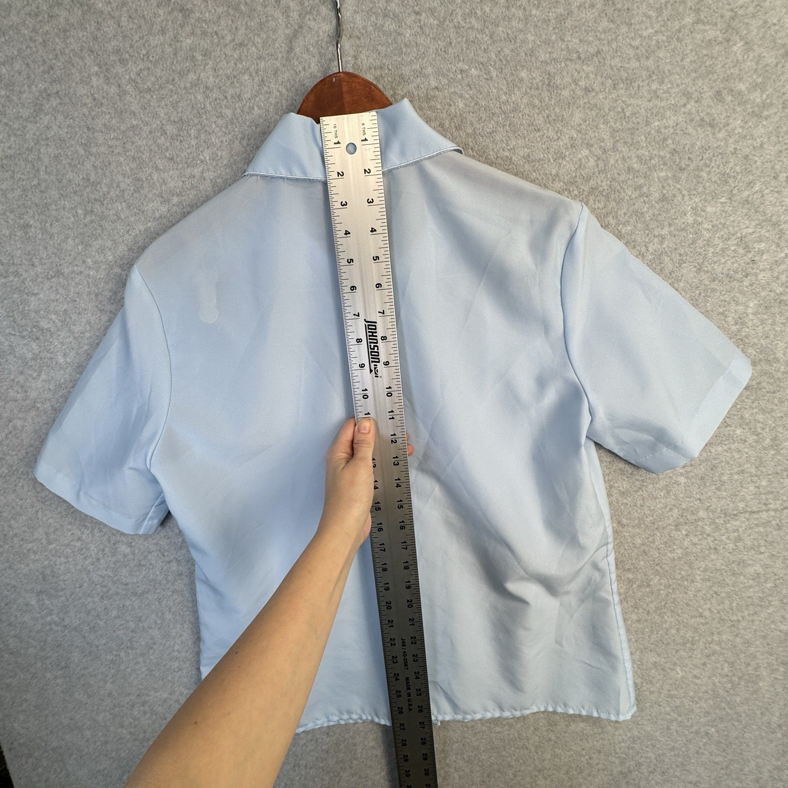 VTG Nikki Size 14 Light Blue Short Sleeve Blouse Eyelet Lace Collar Made in USA
