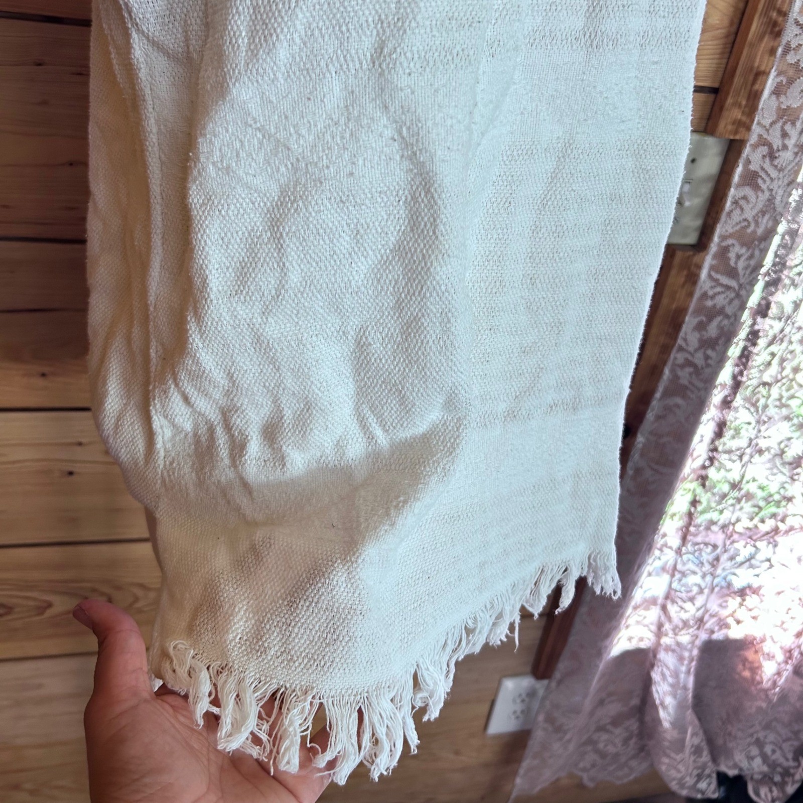 Vintage Blouse Women Large White Raw Cotton Tunic Crochet Lace Fringe Handmade