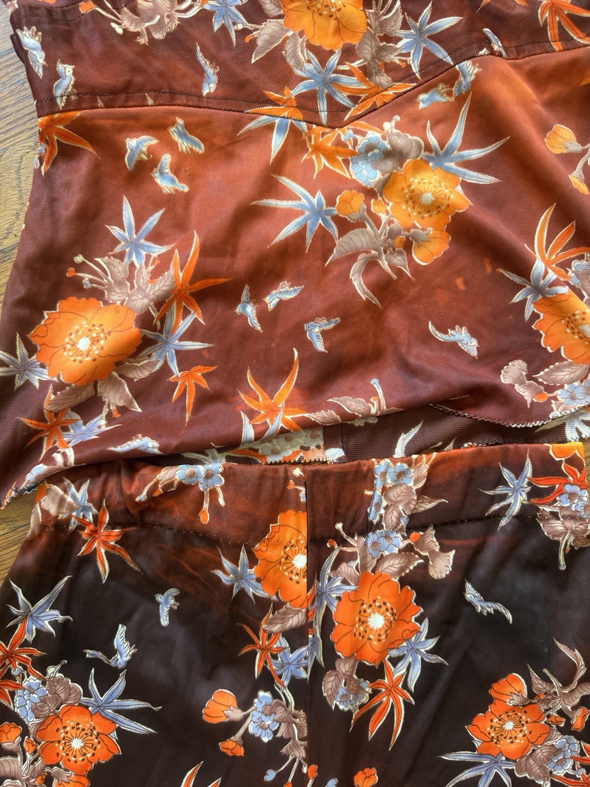 1970s Chocolate Brown Floral Pant Set