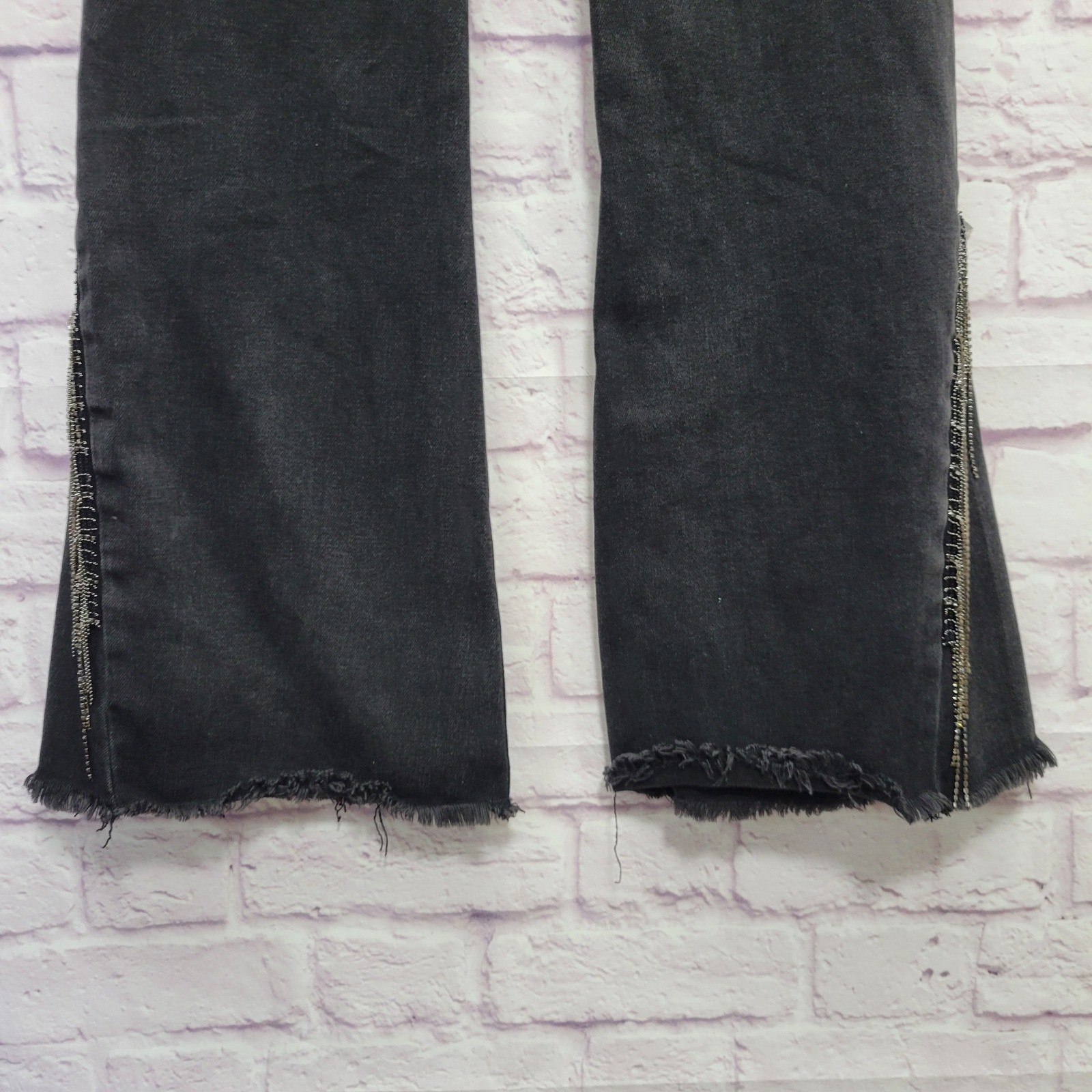 Risen Black Flare Jeans Womens 7 Rhinestone Fringe Distressed Goth Coachella Y2K