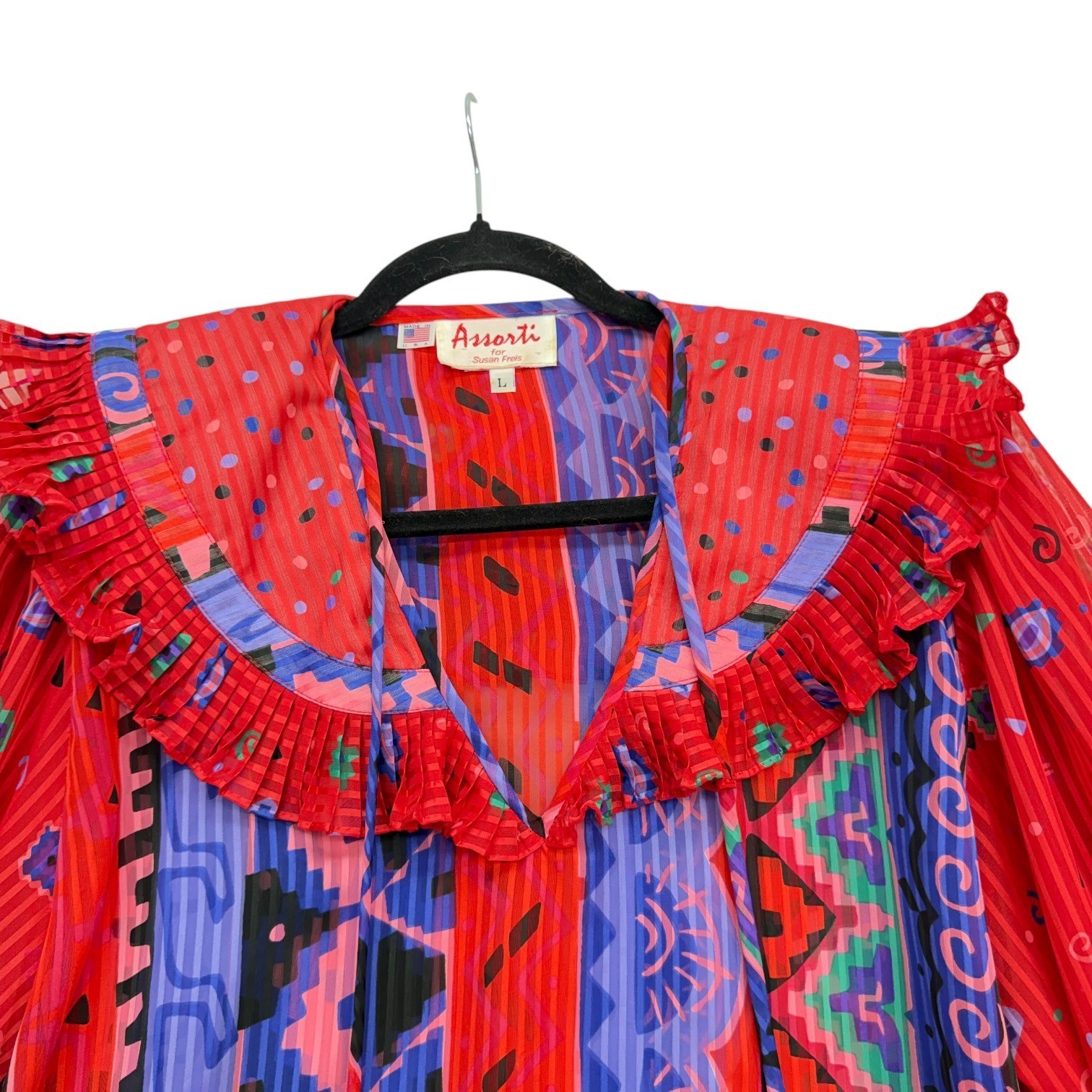 Assorti for Susan Freis Women’s L Multicolor Pleated Ruffle Boho Blouse USA