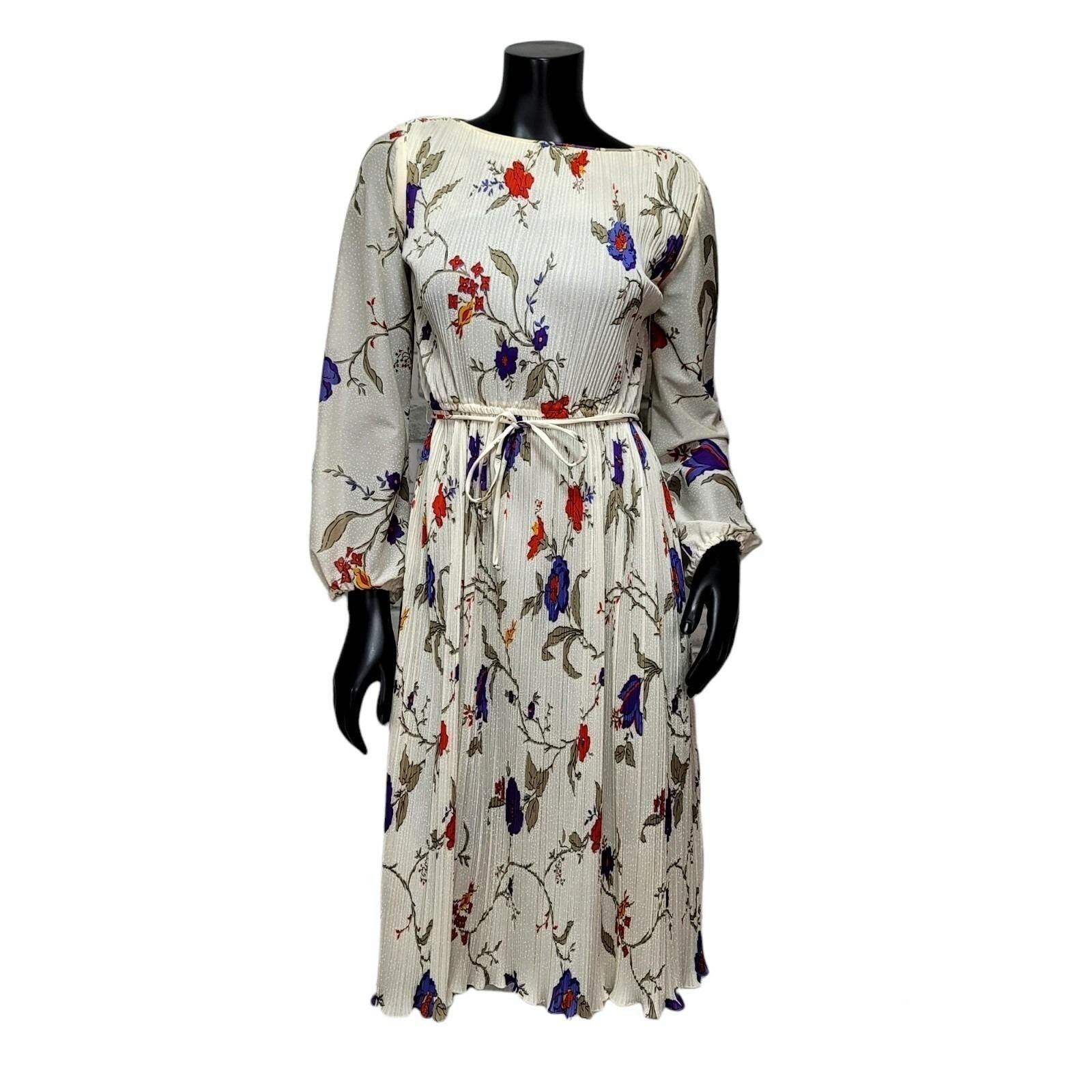 Liz Roberts Inc Vintage Floral Accordion Pleat Midi Dress Cream Purple Red 7/8