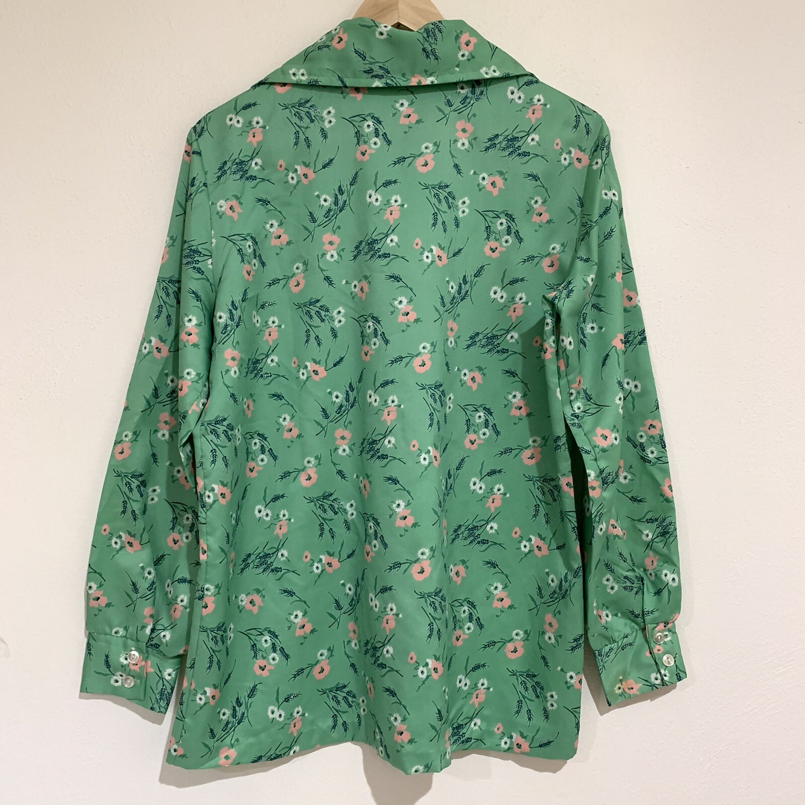 Vtg 70s Shirt M 38 Dagger Collar Multi Color Green Long Sleeve Disco Polyester