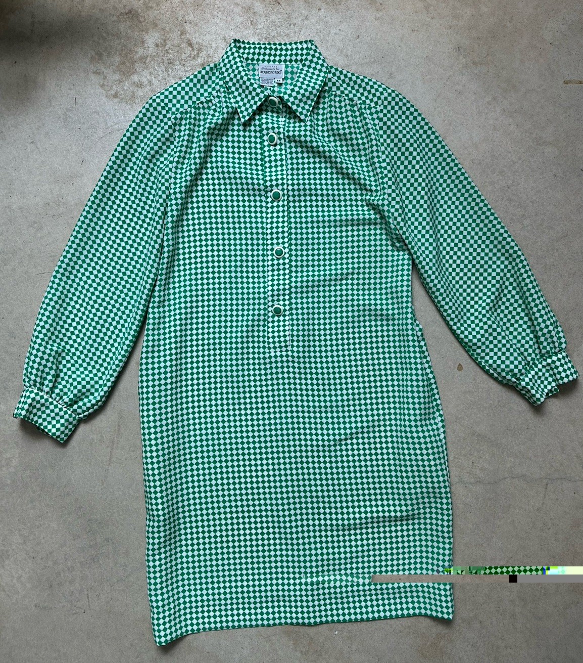 Vintage 70s Brownstone Studio Mod Shirt Dress Green Check Pockets Petite 12