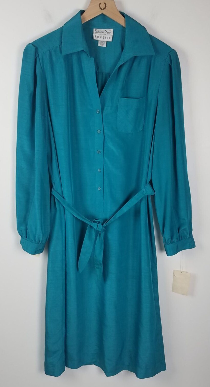 Vtg. Schrader Sport New York Sz. 16 Blue Long Sleeve Belted Midi Shirt Dress NWT
