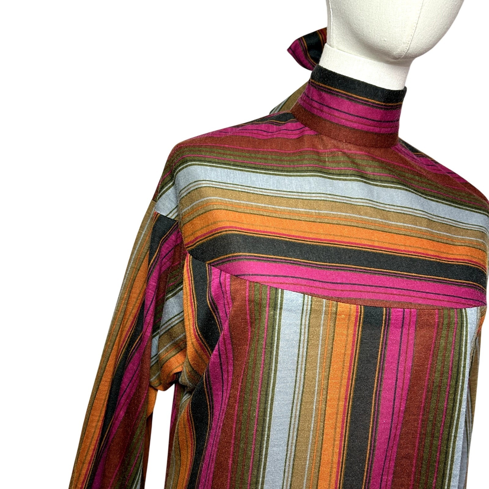 VTG 70s Knit Turtleneck Midi Dress L Pussy Bow Multicolor Bespoke Retro Twee