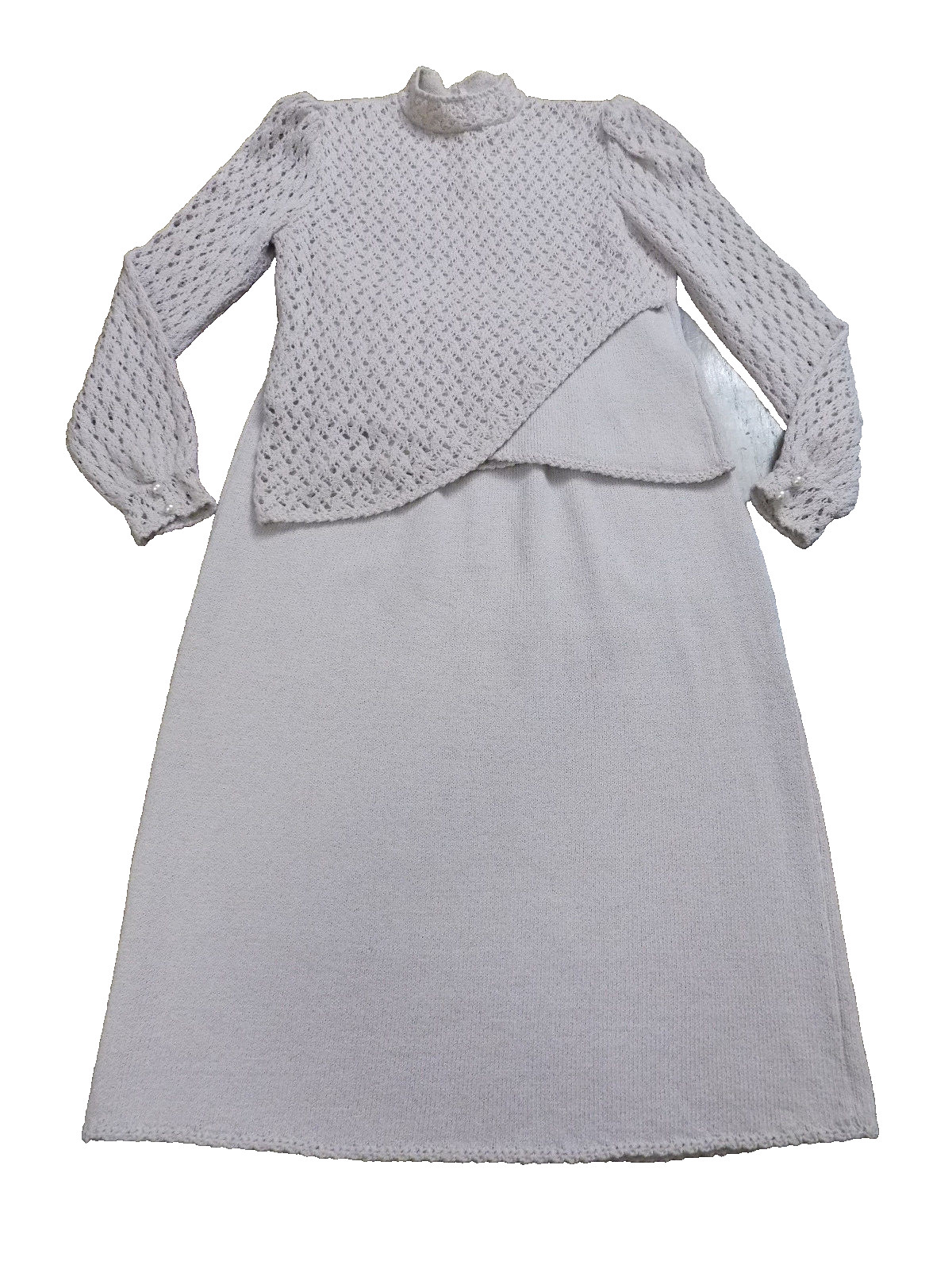 Vtg Dana Hogan Crochet Knit 2 pc Set Mock neck Sweater & 24″ W Skirt Lilac FAB!