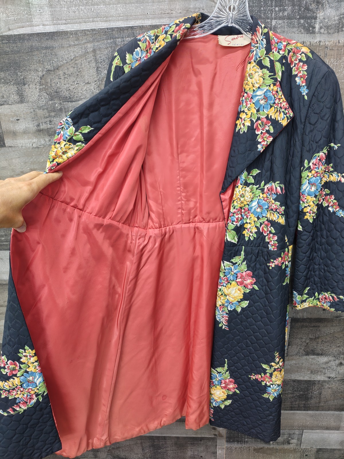 1940s Sandora Creation Rayon Lounge Set Wide Puff Sleeve Quilted Robe Floral