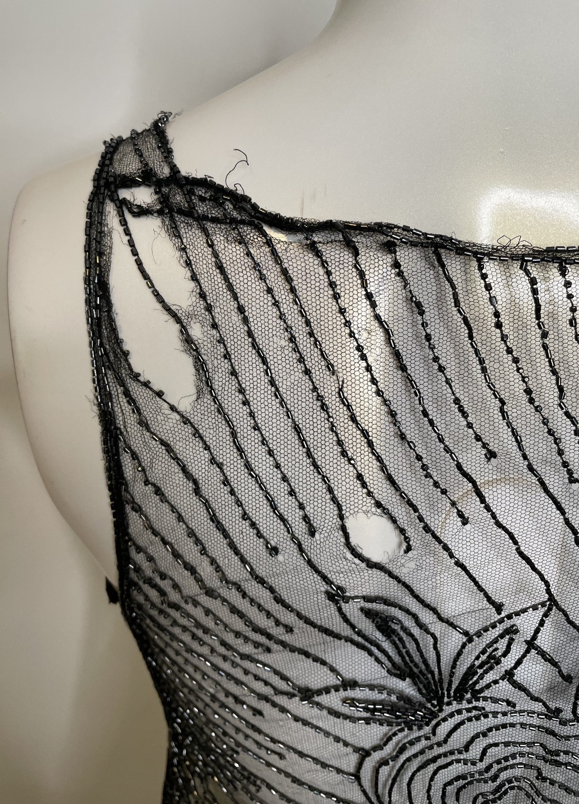 Antique 30s Art Deco Black Lace Sheer Beaded Dress S XS Floral Holes
