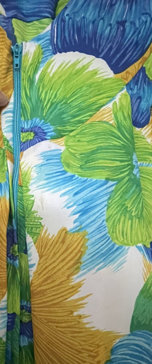 Vintage 70s Pomare Hawaiian Blue Green Floral Tiki Muumuu Maxi Dress Sz 12