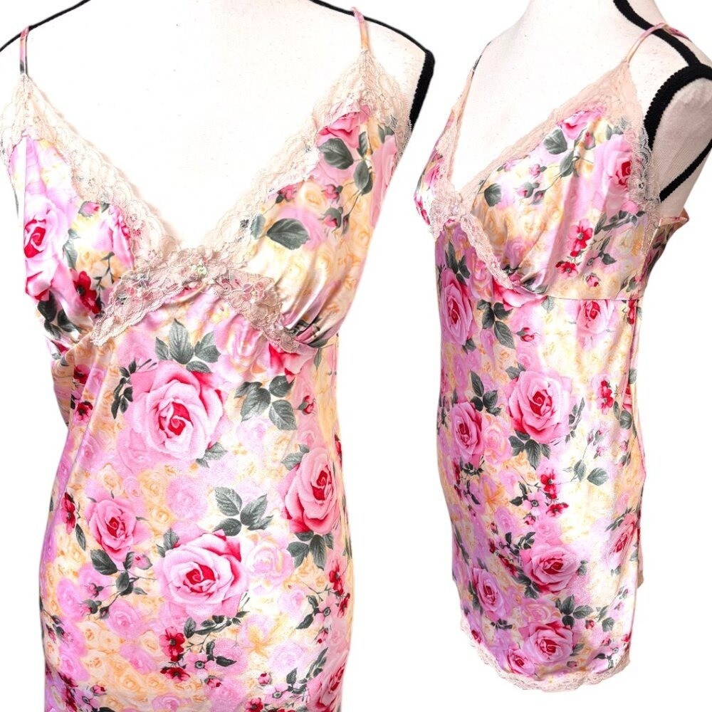 Y2K VINTAGE PINK ROSES SATIN LACE TRIM MINI DRESS SIZE 1X 16-18