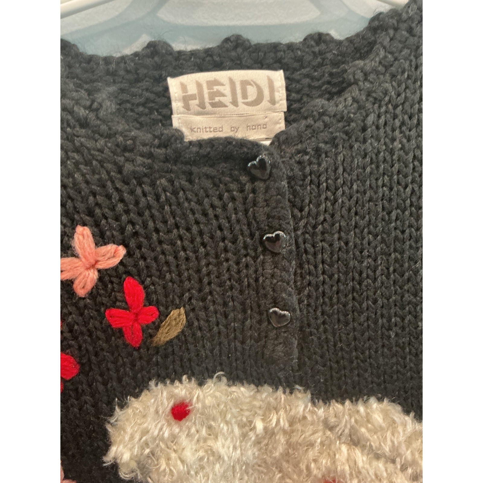 Vintage Heidi Womens Sweater S Black Bunny Rabbit Hand Knit Floral Novelty Bow