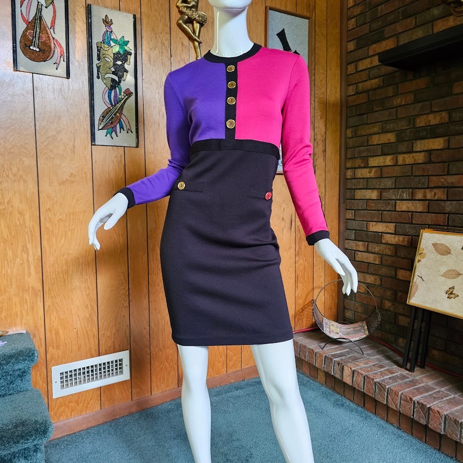 Vtg 80s New Wave Colorblock Wool Knit Power Suit Secretary Wiggle Dress XS/S P