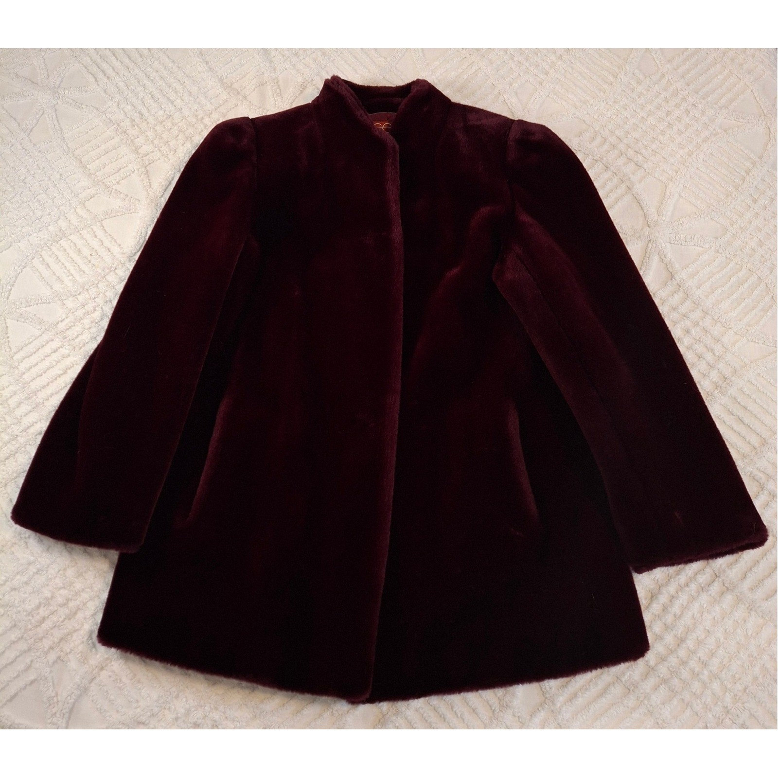 Vintage Sasson Medium Burgundy Faux Fur Coat Glenoit Made in USA Wine Red Glam