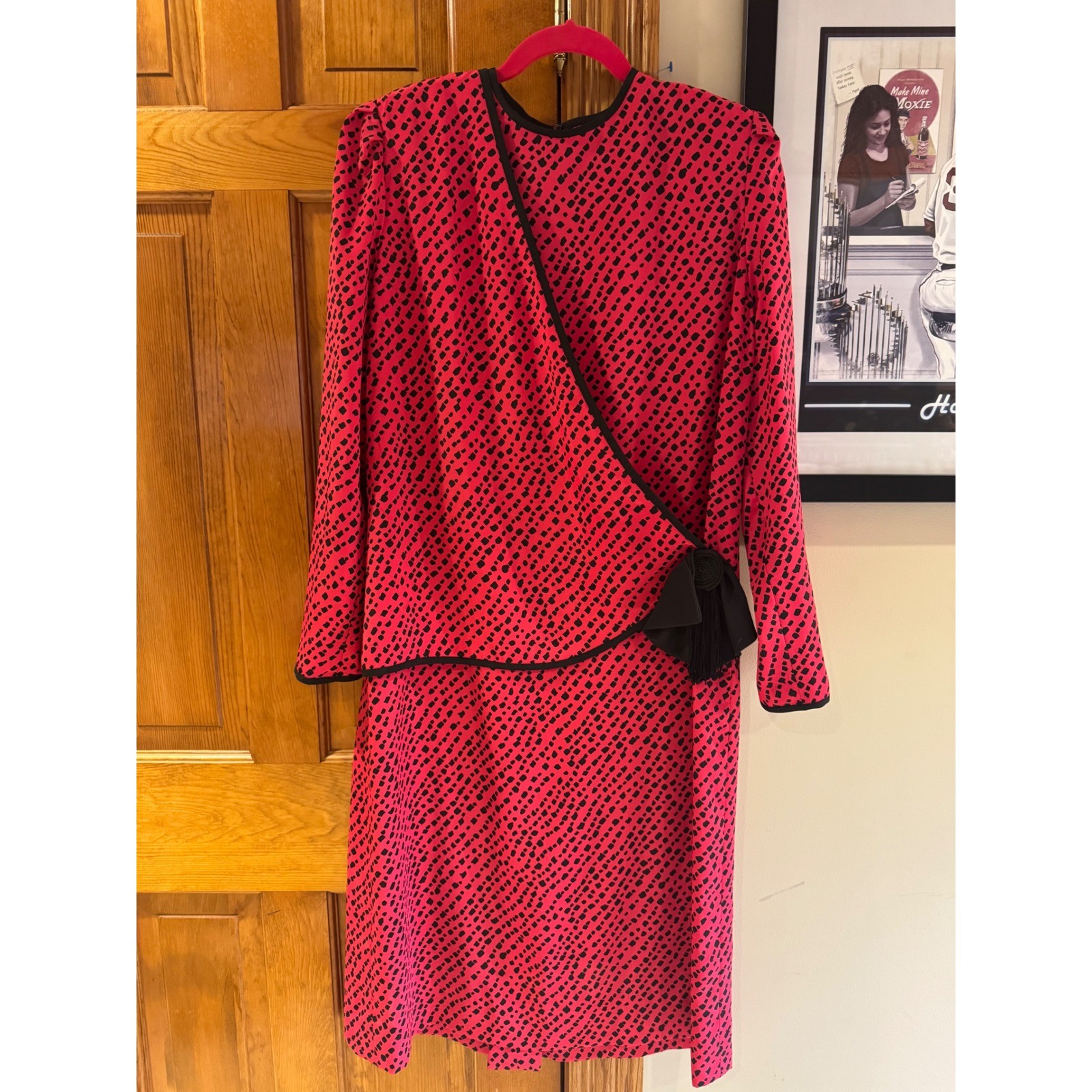 Henry Lee Vintage 80s Red Black Geometric Faux Wrap Dress Rosette Tassel Sz 12