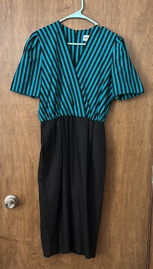 Vintage Kasper for A.S.L. 100%Silk Striped Teal & Black Dress with Matching Coat