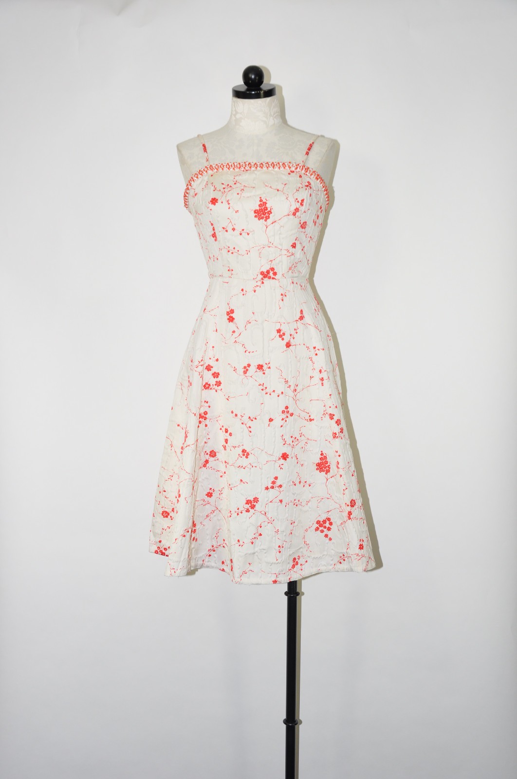 50s Vintage White Red Cherry Blossom Beaded Straps Full Skirt Day Dress Women XS