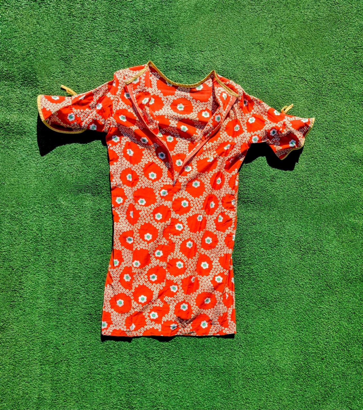 Vintage Custom Handmade Floral Coral Petite XS Mod 3/4 Sleeve Mini Zip Dress GUC
