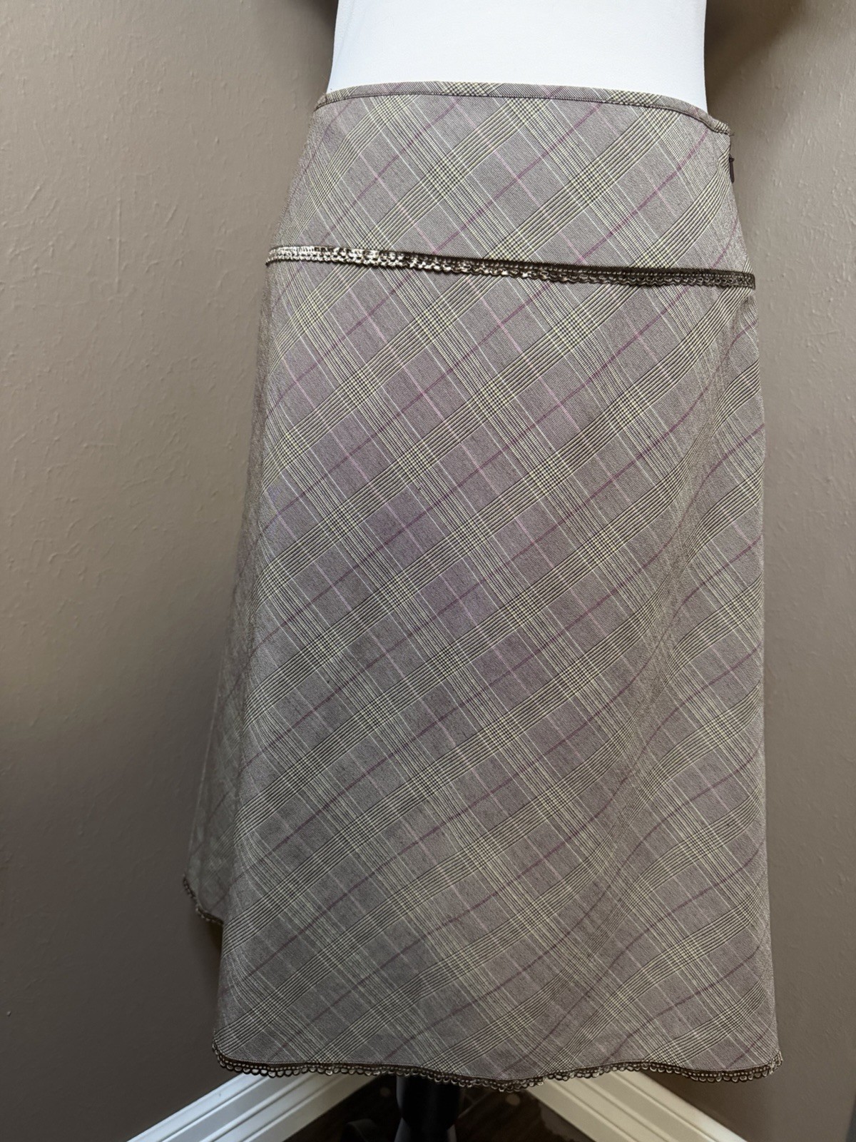 Intuitions Vintage Plaid Midi Taupe/ Brown A-lined Skirt Size 4