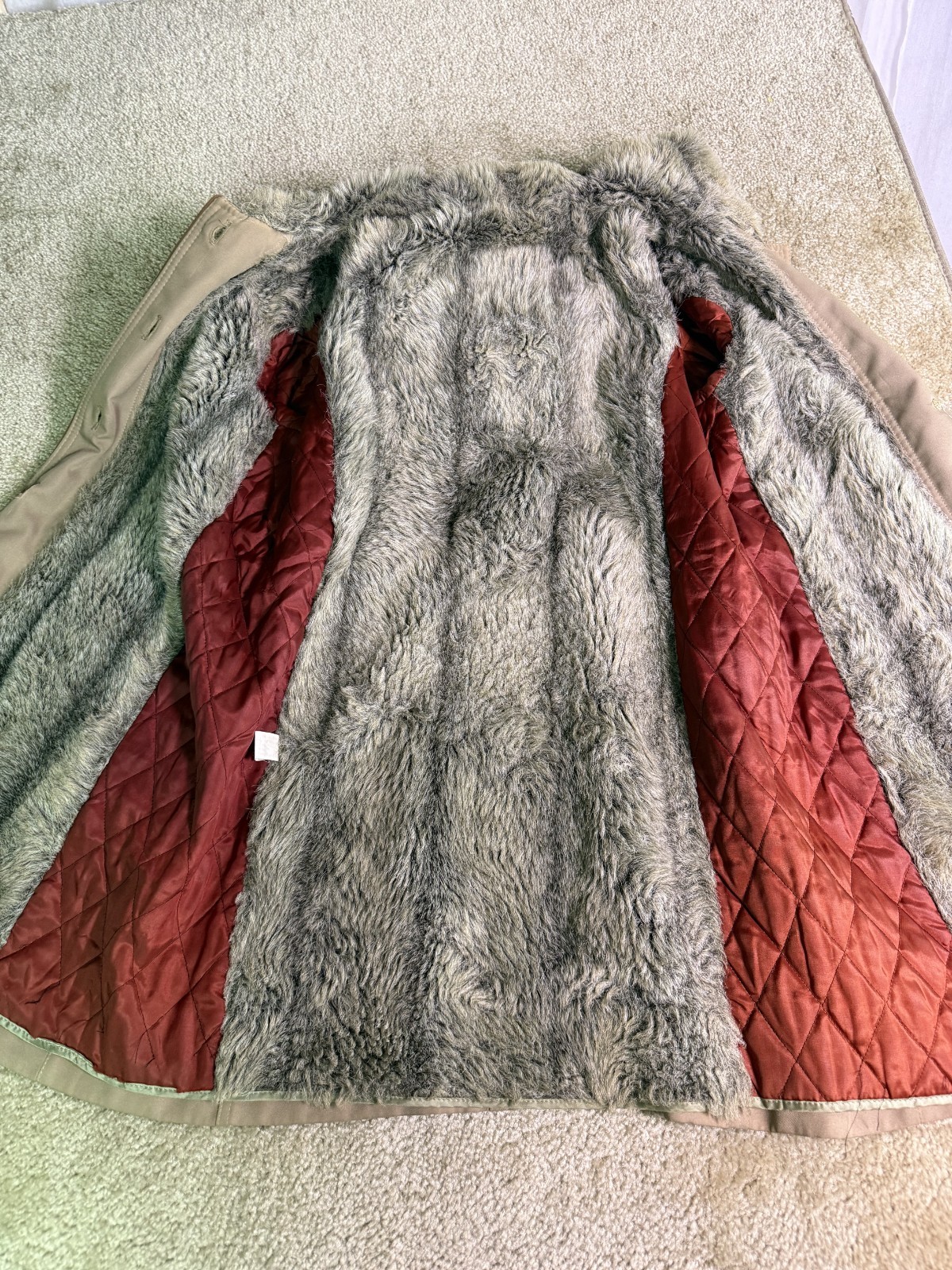 Vintage Womens Beige Wool Coat With Fur Collar And Lining Button Front Size L
