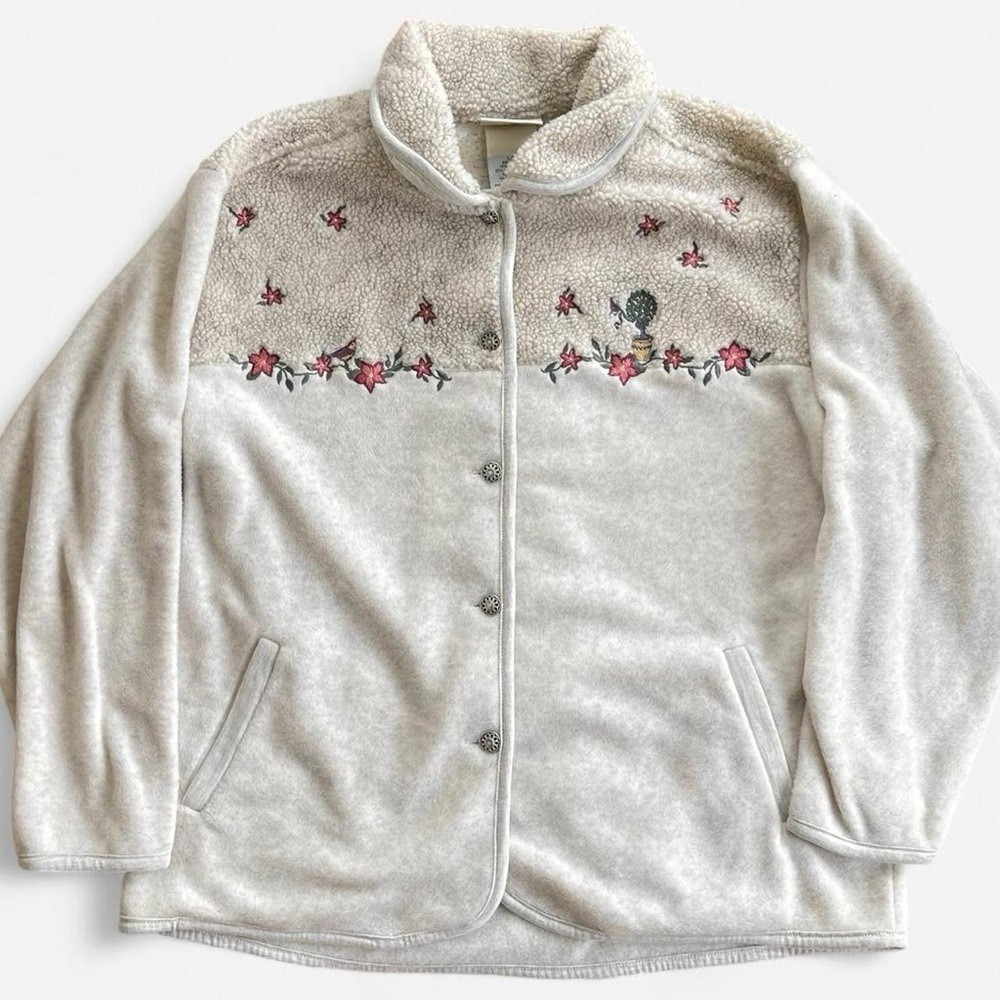 Vintage Northern Reflections Cream Gray Blend Fleece Embroidered Flowers Jacket
