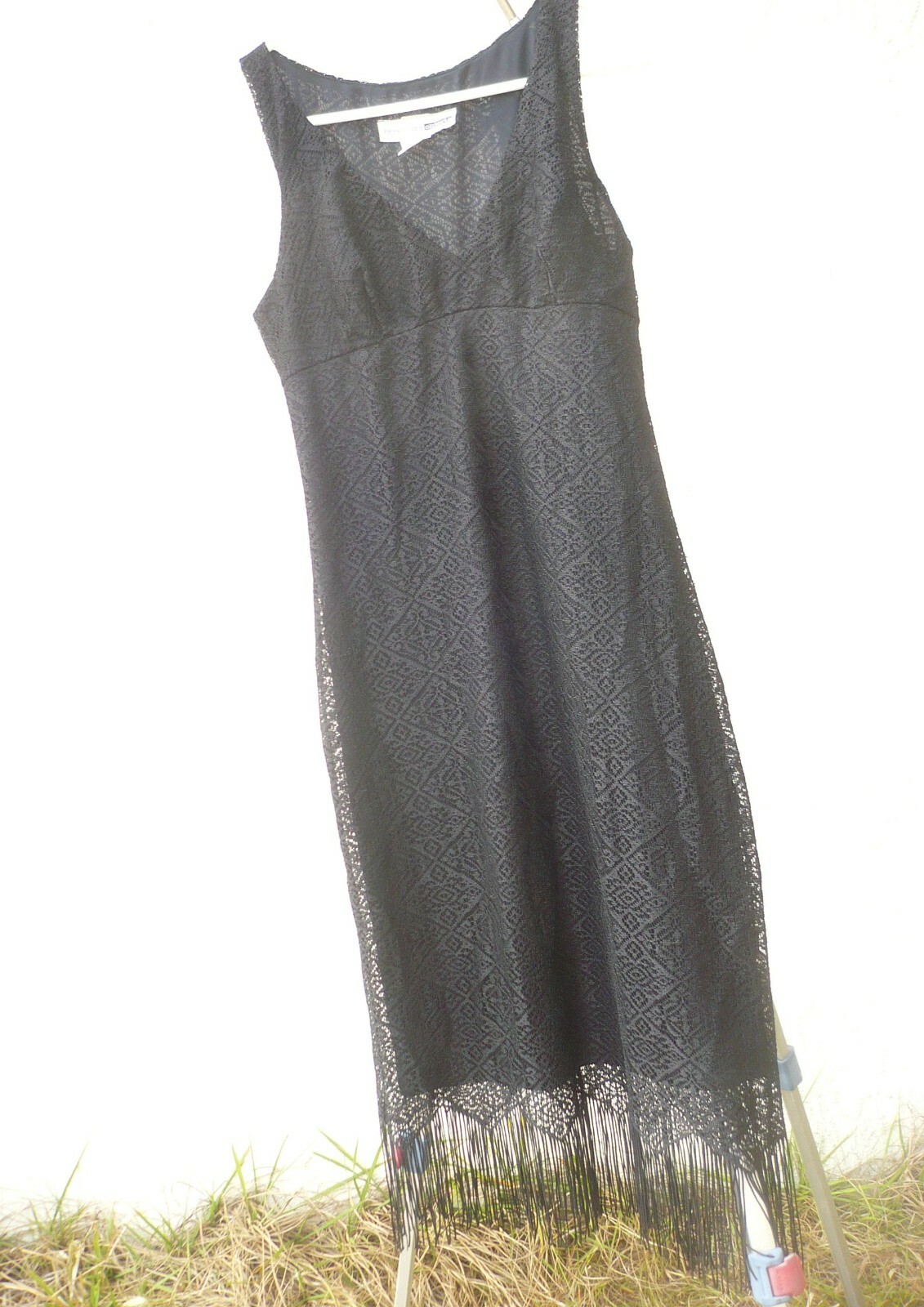 VTG FLAPPER FRINGE BLACK LACE NECESSARY OBJECTS L M S DRESS COSTUME SHEATH WOMEN